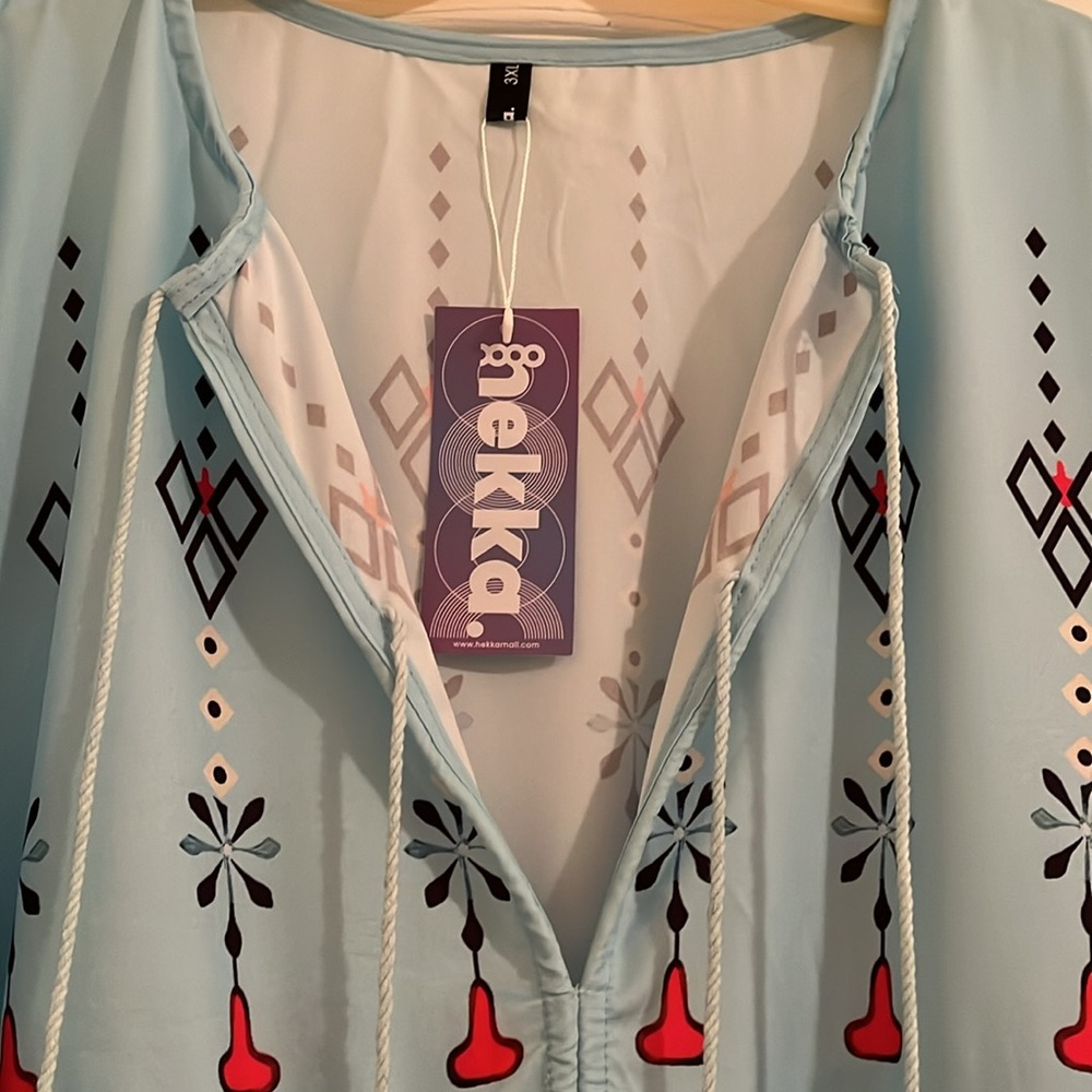 NWT Maxi dress, light blue/aqua, long sleeves, v-neck w/tassels, 3X, runs small - Picture 8 of 14